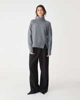 Jada Notch Hem Turtleneck Knit in grey marle — full-length view