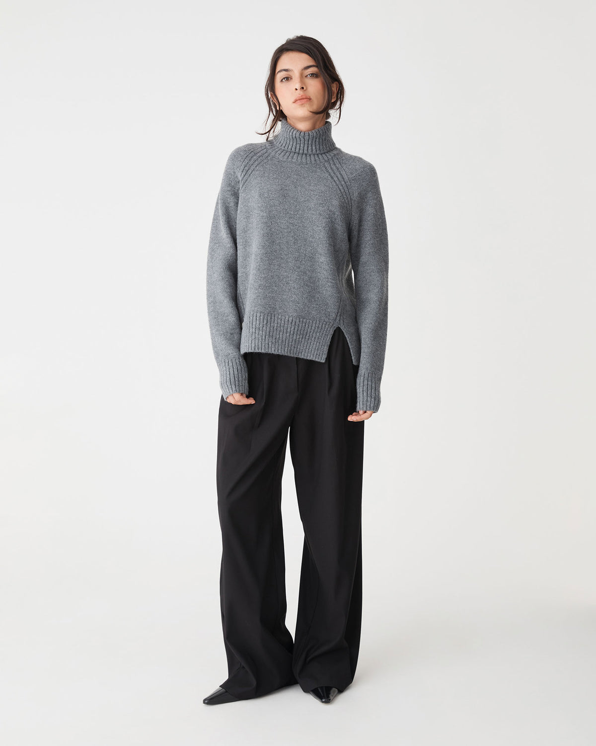 Jada Notch Hem Turtleneck Knit in grey marle — full-length view