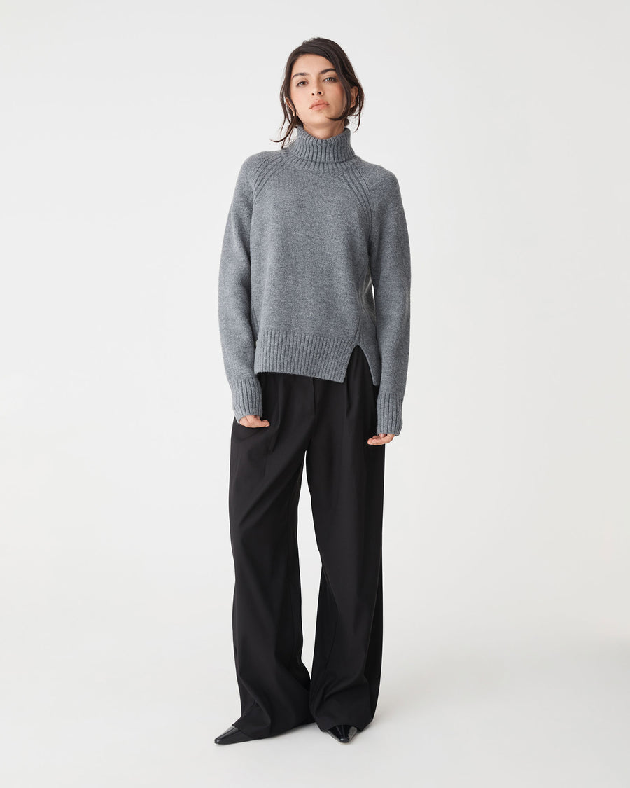 Jada Notch Hem Turtleneck Knit in grey marle — full-length view