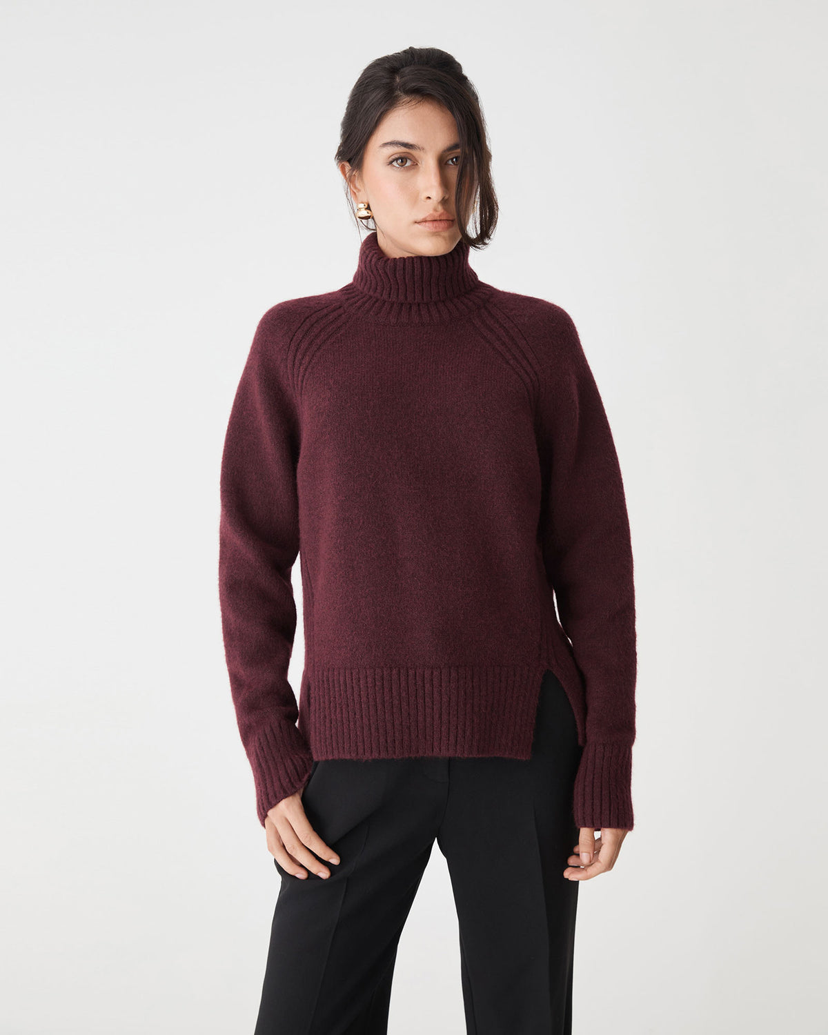Jada Notch Hem Turtleneck Knit in mahogany — close-up view