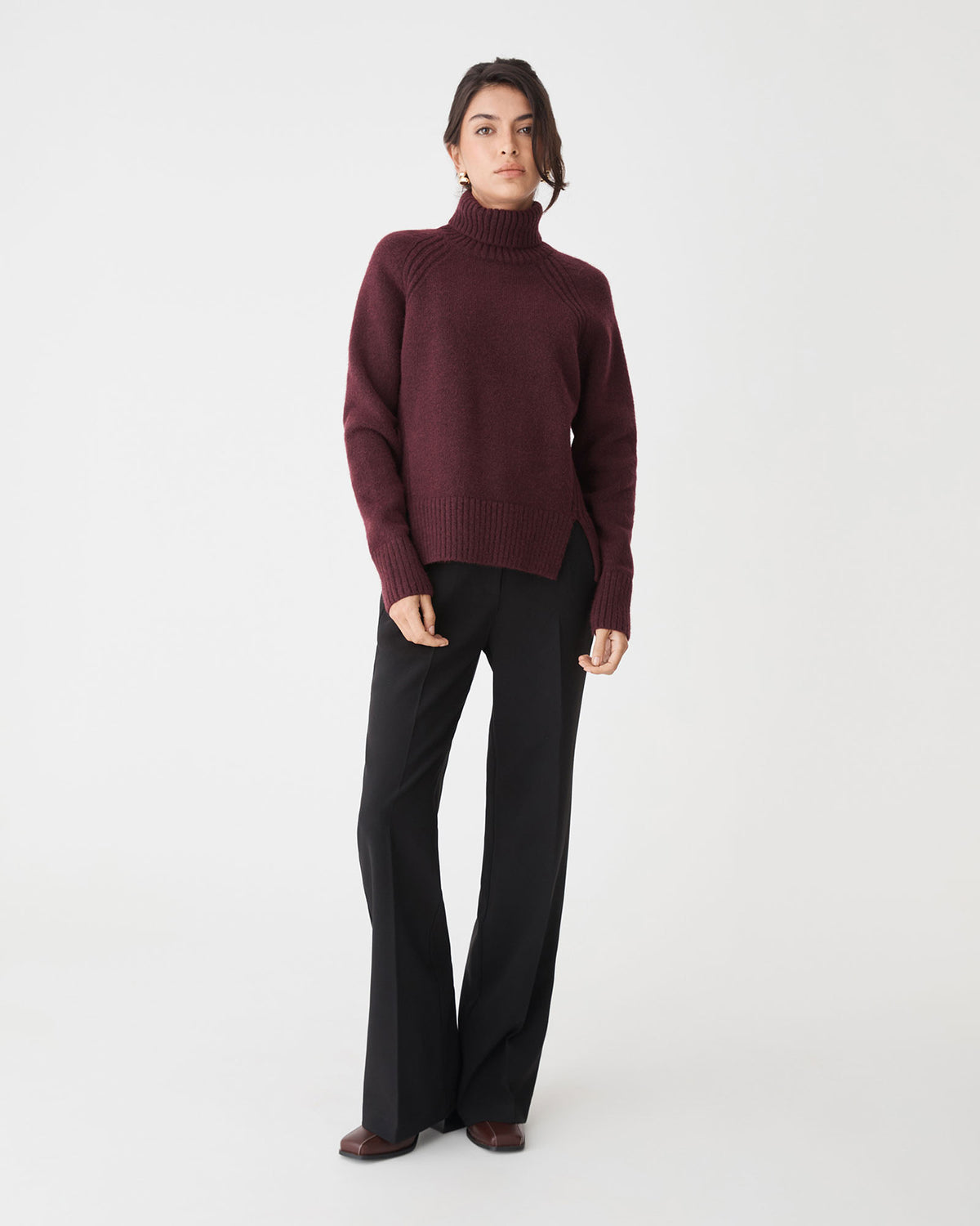 Jada Notch Hem Turtleneck Knit in mahogany — full-length view