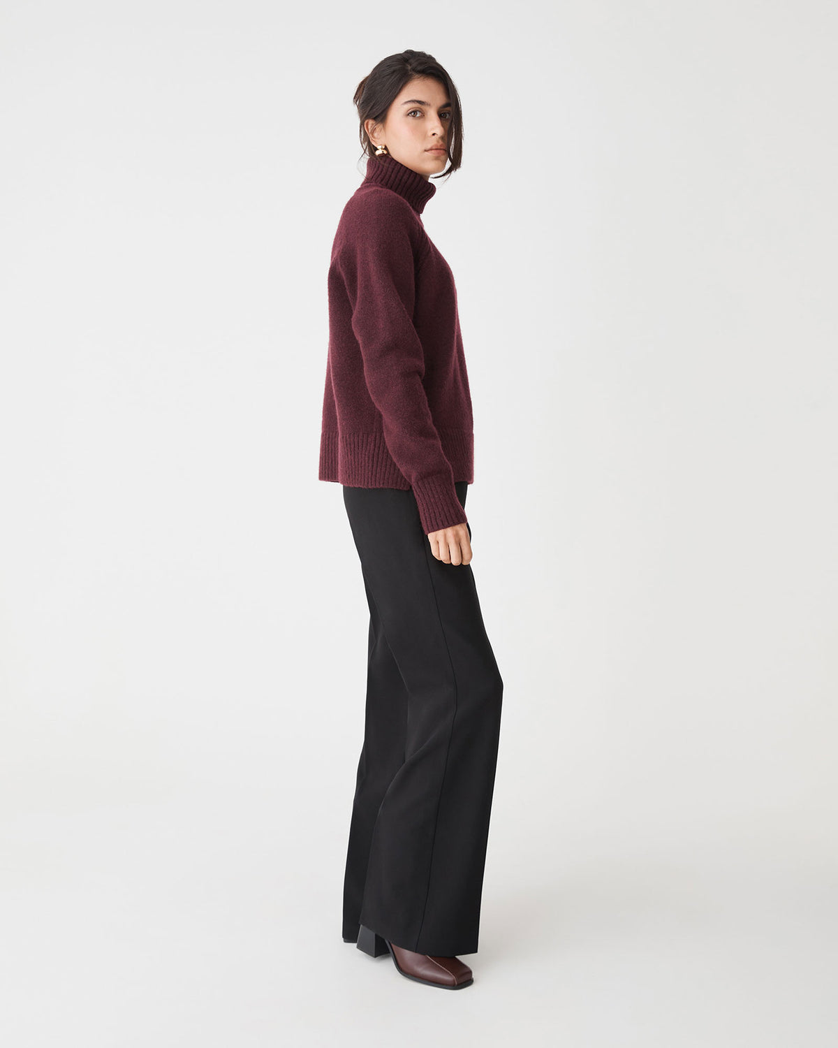 Jada Notch Hem Turtleneck Knit in mahogany — side view