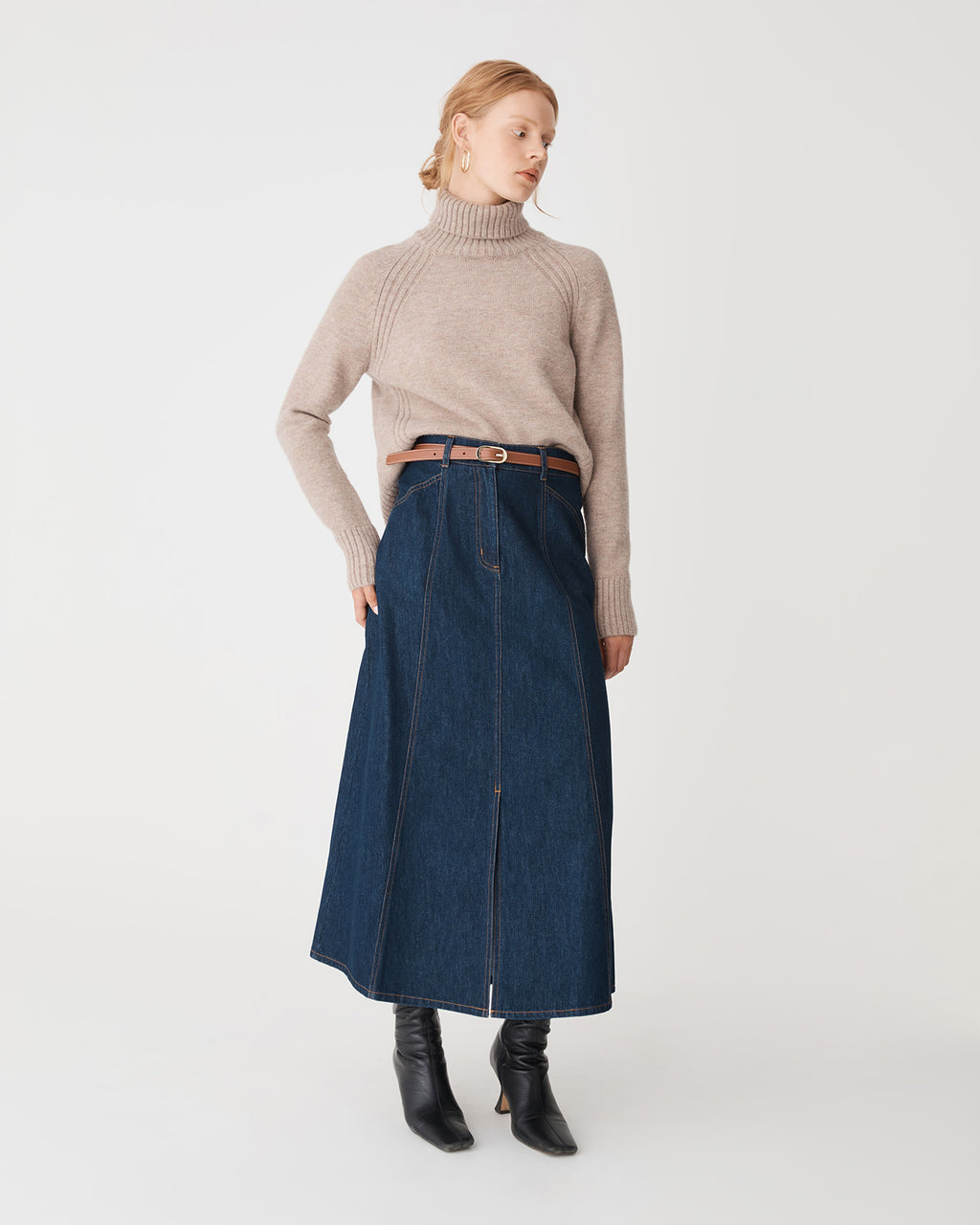Jada Notch Hem Turtleneck Knit in oat marle — full-length view