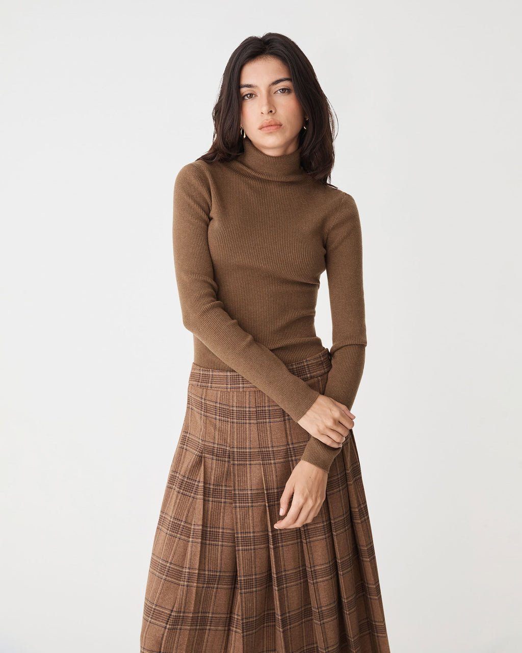 Ginny Ribbed Turtleneck Knit in coffee — close-up view