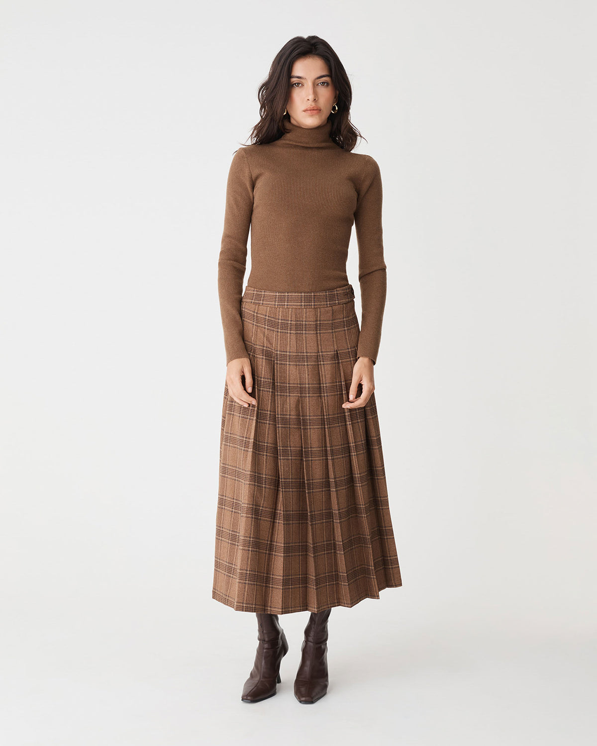 Ginny Ribbed Turtleneck Knit in coffee — full-length view