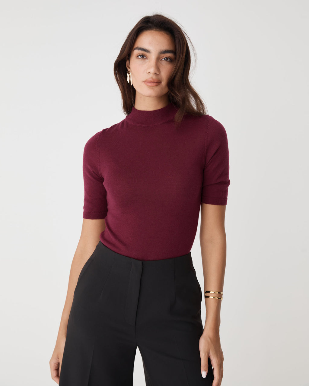 Ellen Wool Short Sleeve Knit in berry — close-up view
