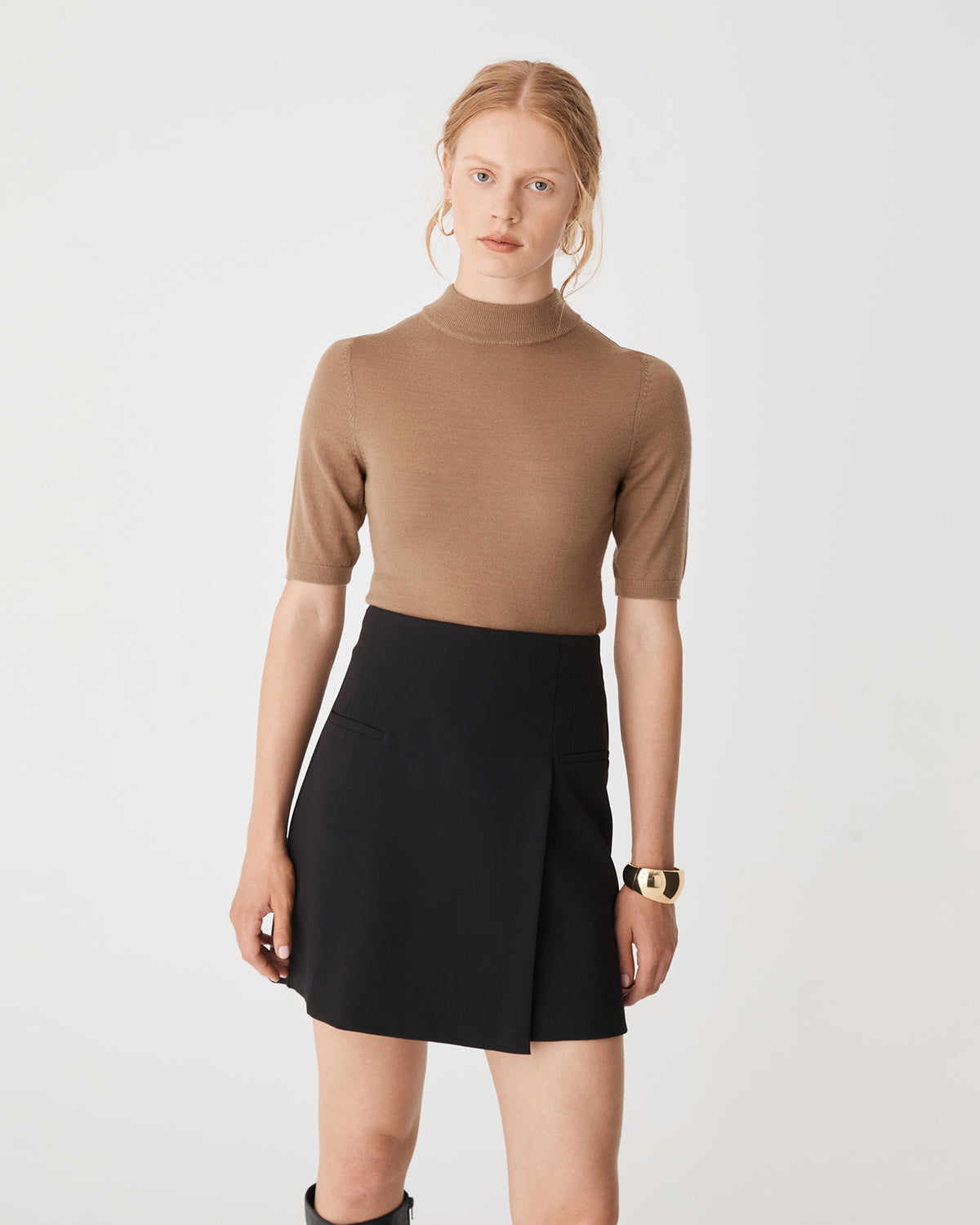 Ellen Wool Short Sleeve Knit in camel — close-up view