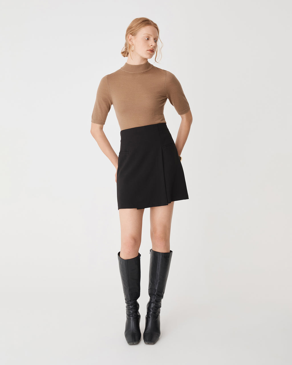 Ellen Wool Short Sleeve Knit in camel — full-length view