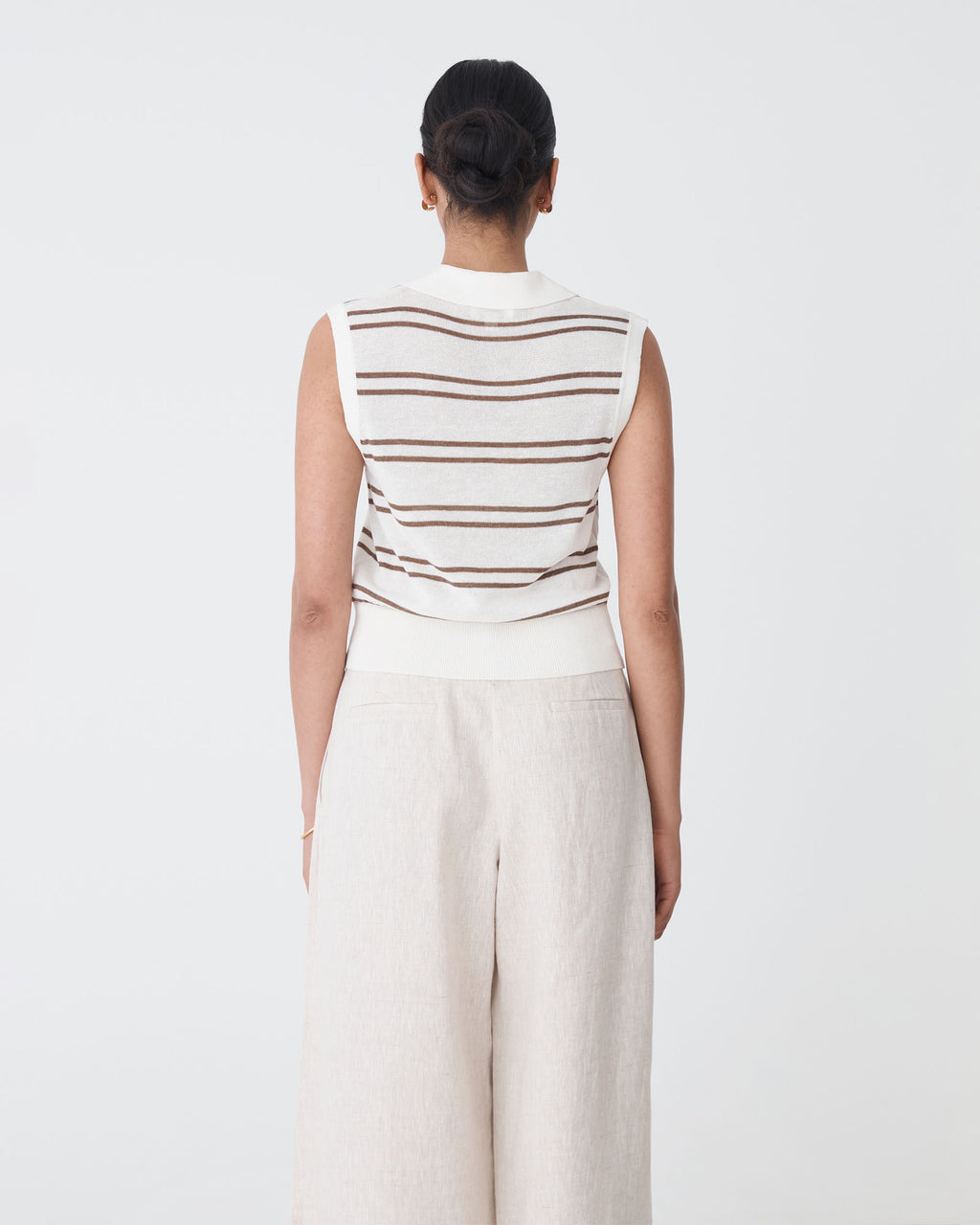 Kaia Striped Collared Top in ivory chocolate — back view