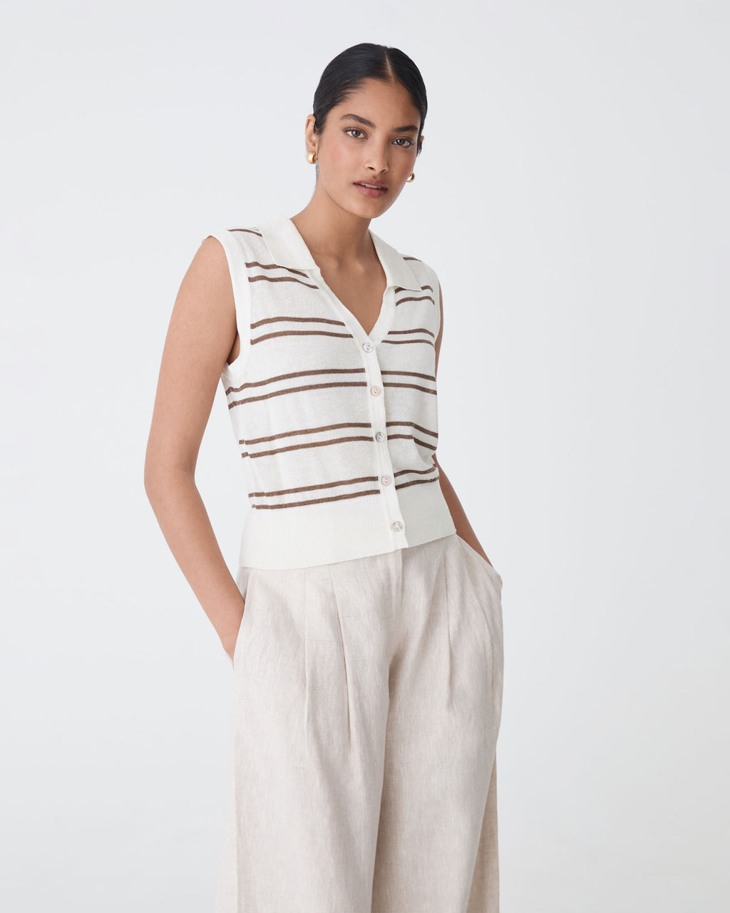 Kaia Striped Collared Top in ivory chocolate — close-up view