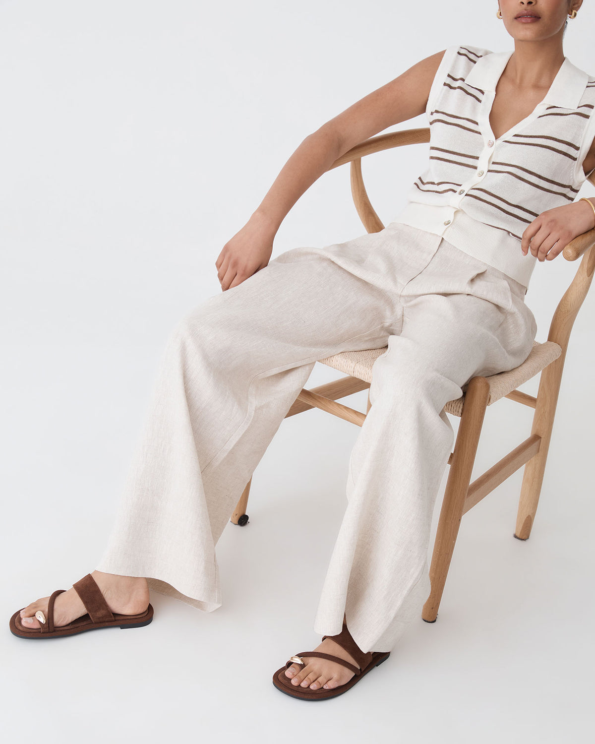 Kaia Striped Collared Top in ivory chocolate — close-up view 2