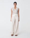 Kaia Striped Collared Top in ivory chocolate — full-length view