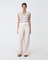 Kaia Striped Collared Top in ivory chocolate — full-length view