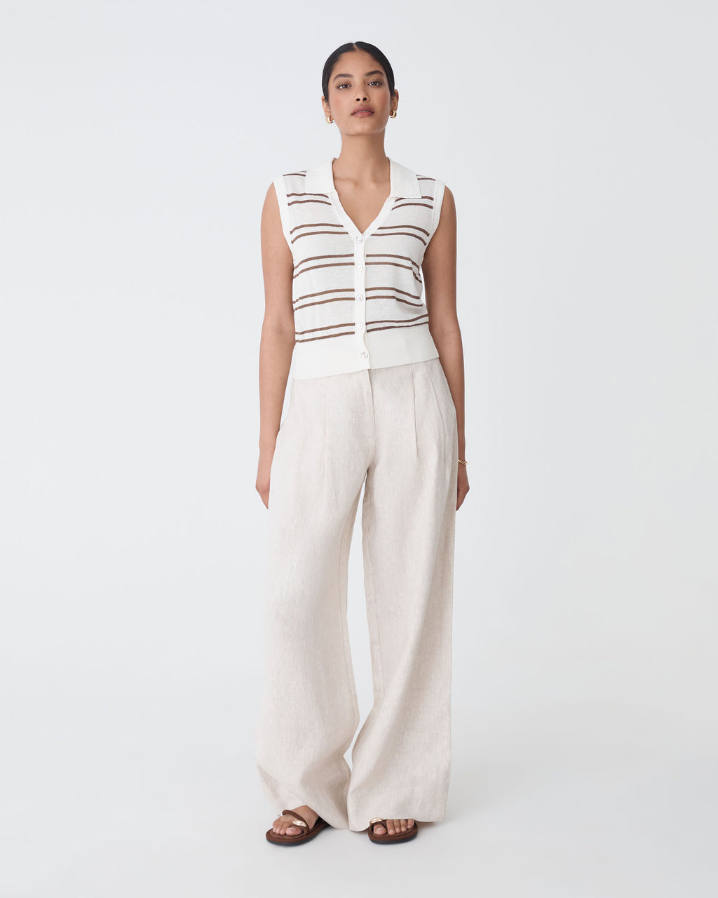 Kaia Striped Collared Top in ivory chocolate — full-length view 2