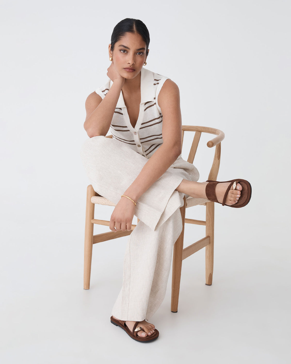 Kaia Striped Collared Top in ivory chocolate — full-length view 3