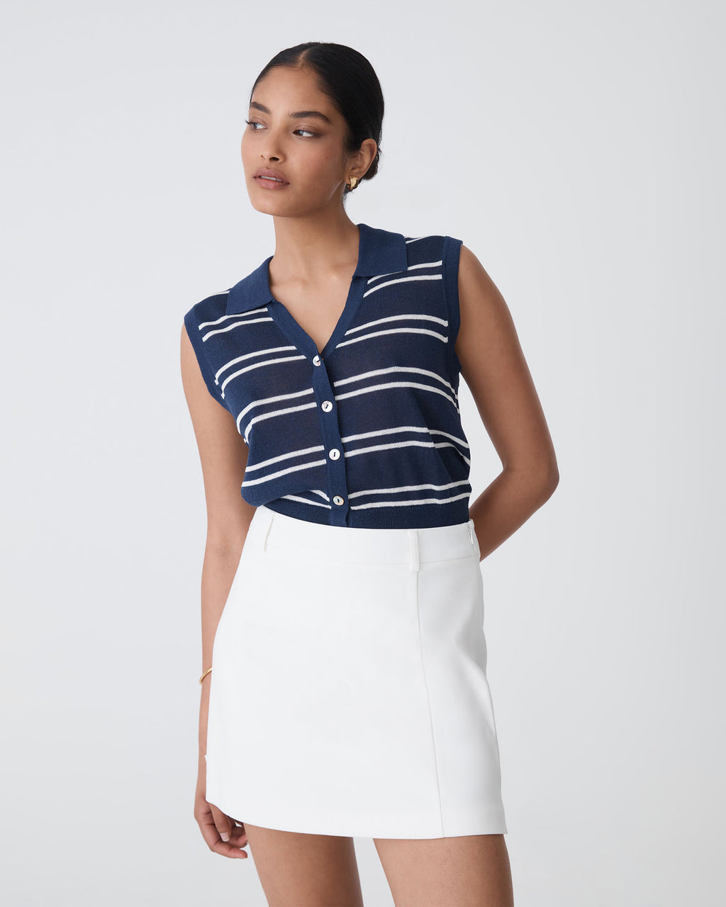 Kaia Striped Collared Top in navy ivory — close-up view