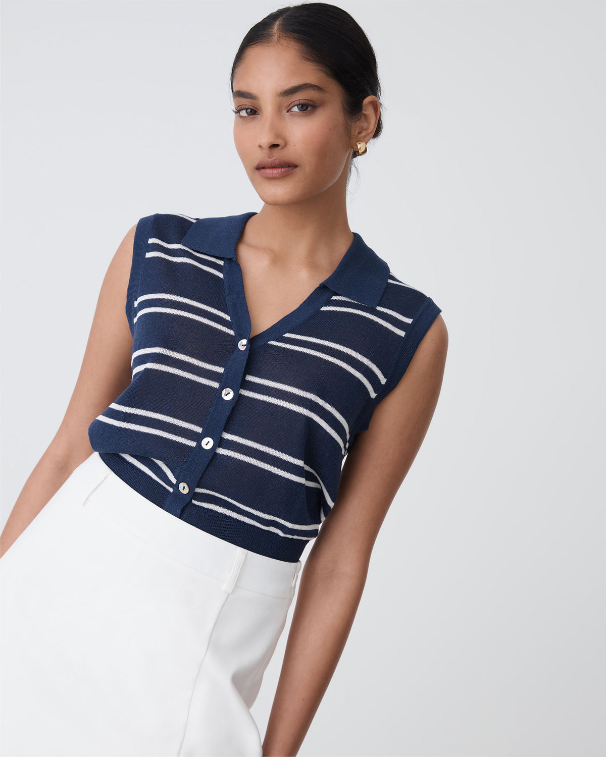 Kaia Striped Collared Top in navy ivory — close-up view 2