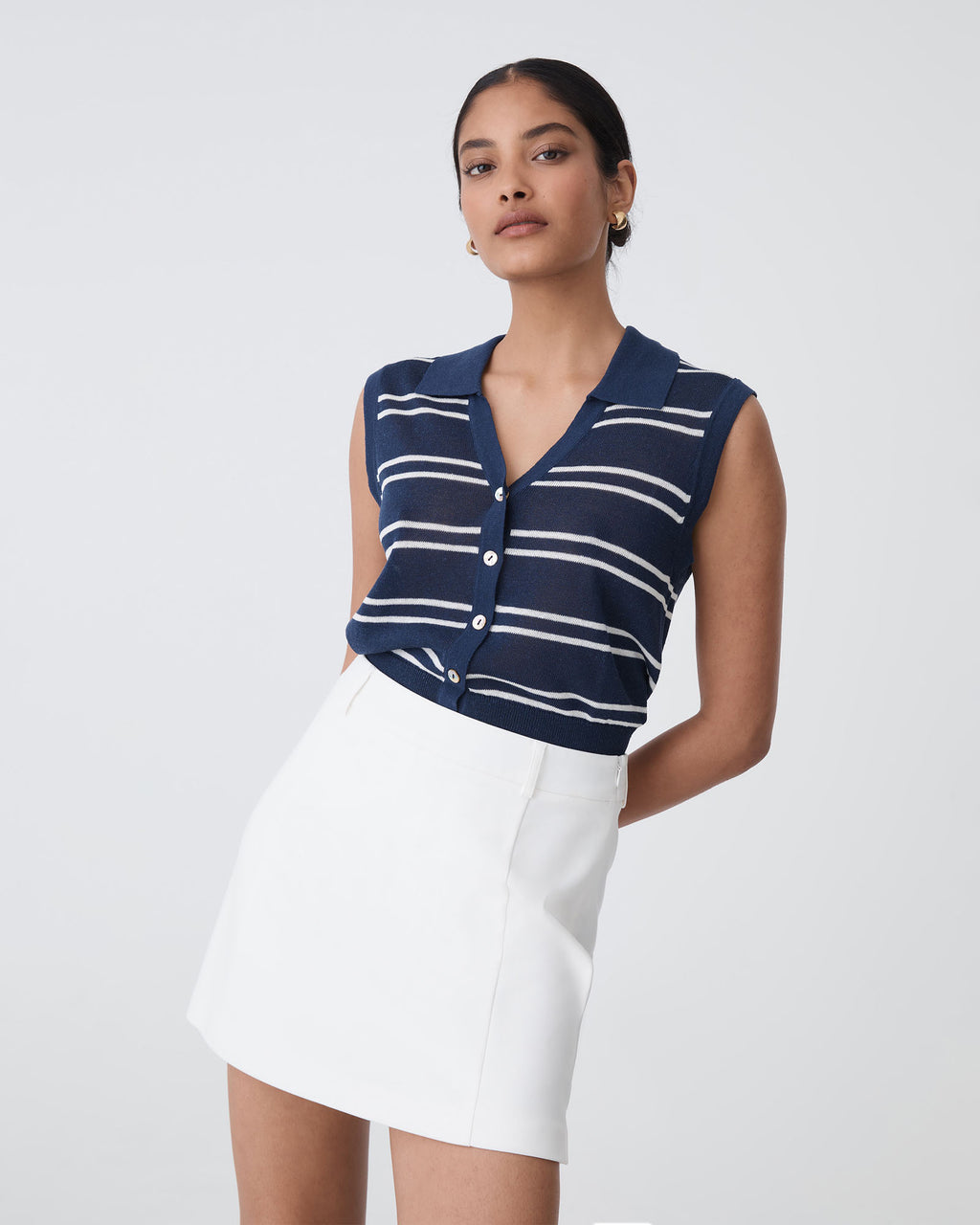Kaia Striped Collared Top in navy ivory — close-up view 3
