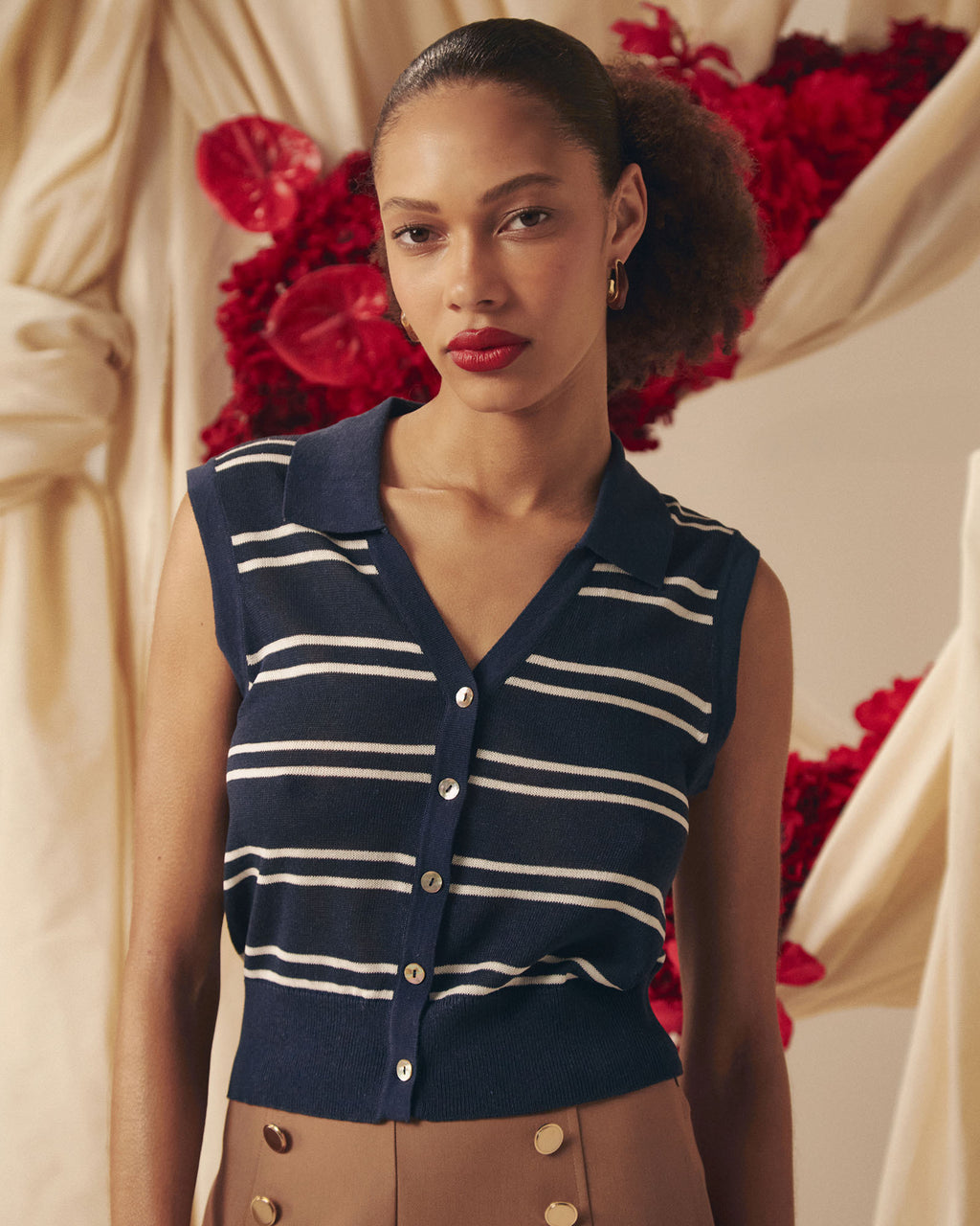 Kaia Striped Collared Top in navy ivory — alternate view