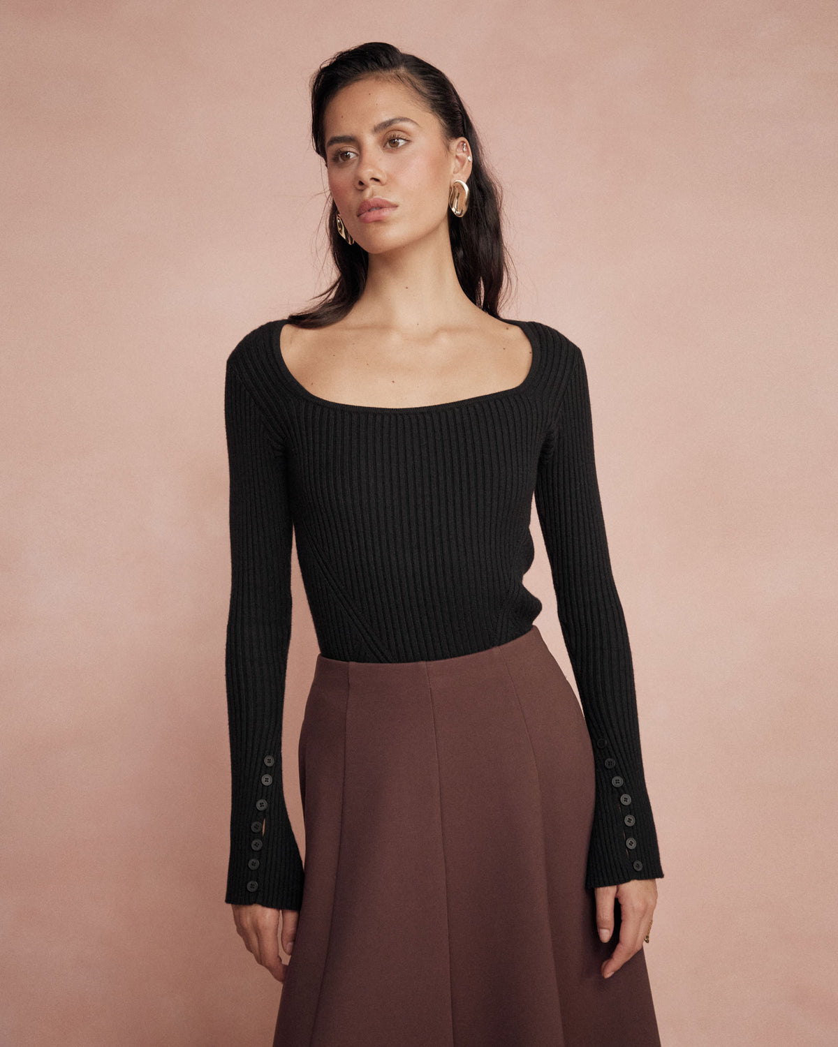 Zahlia Square Neck Rib Knit in black — close-up view 3