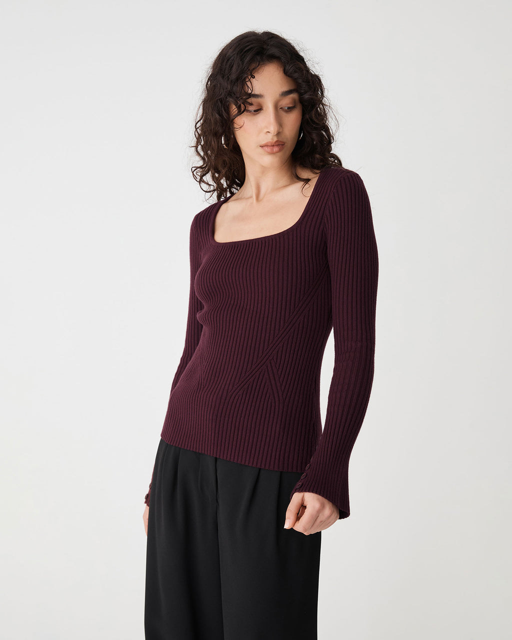Zahlia Square Neck Rib Knit in mahogany — close-up view