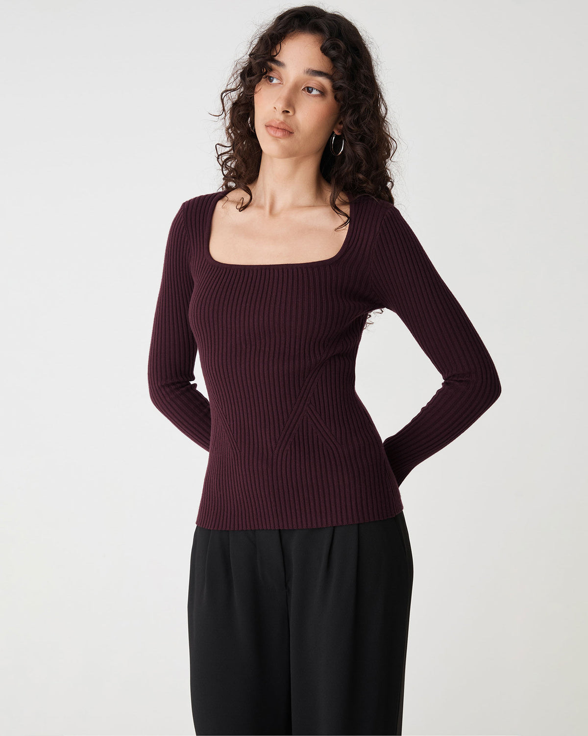 Zahlia Square Neck Rib Knit in mahogany — close-up view 2