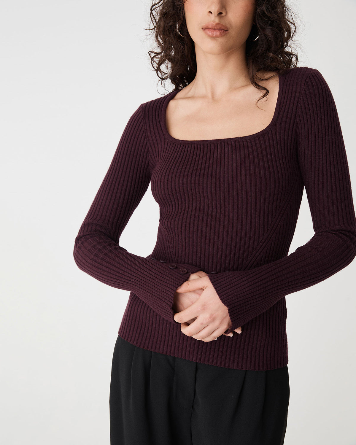 Zahlia Square Neck Rib Knit in mahogany — close-up view 3