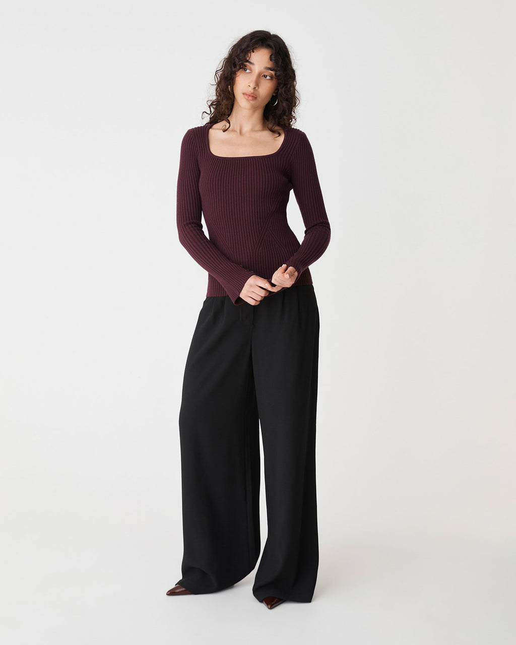 Zahlia Square Neck Rib Knit in mahogany — full-length view