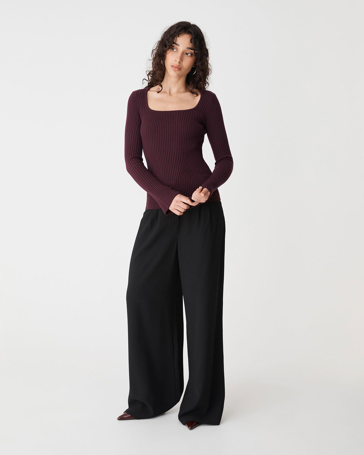 Zahlia Square Neck Rib Knit in mahogany — full-length view