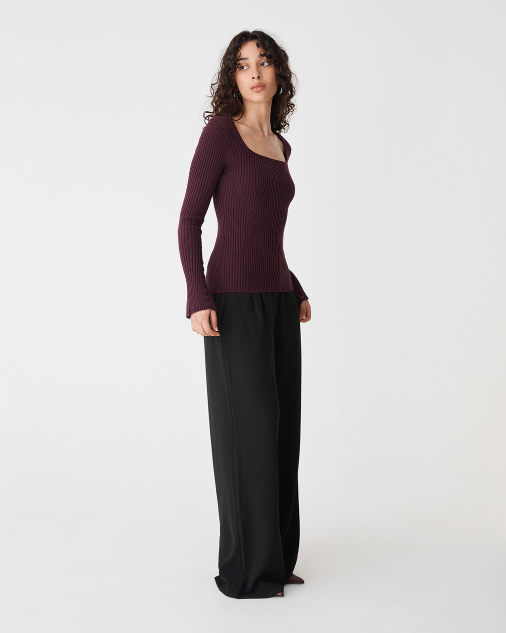 Zahlia Square Neck Rib Knit in mahogany — side view
