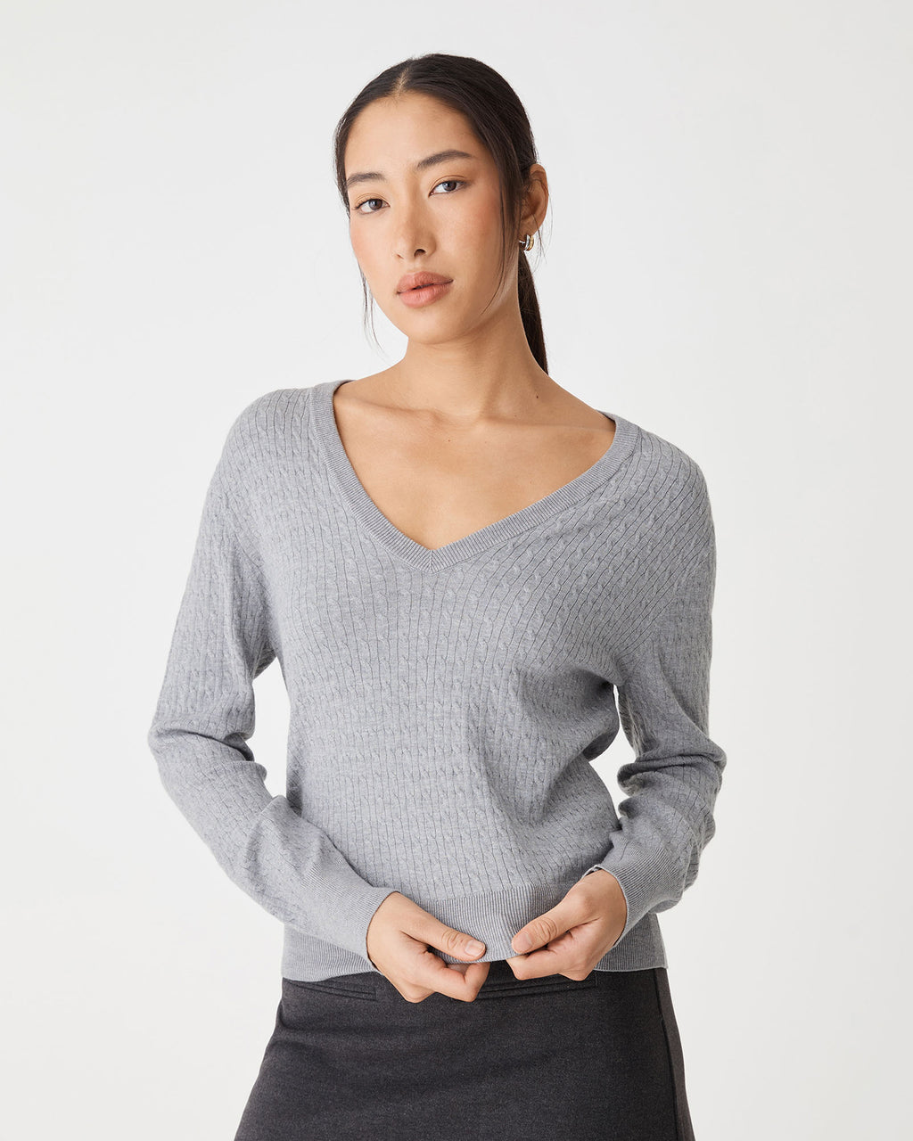 Carla V-Neck Cable Knit in grey marle — close-up view
