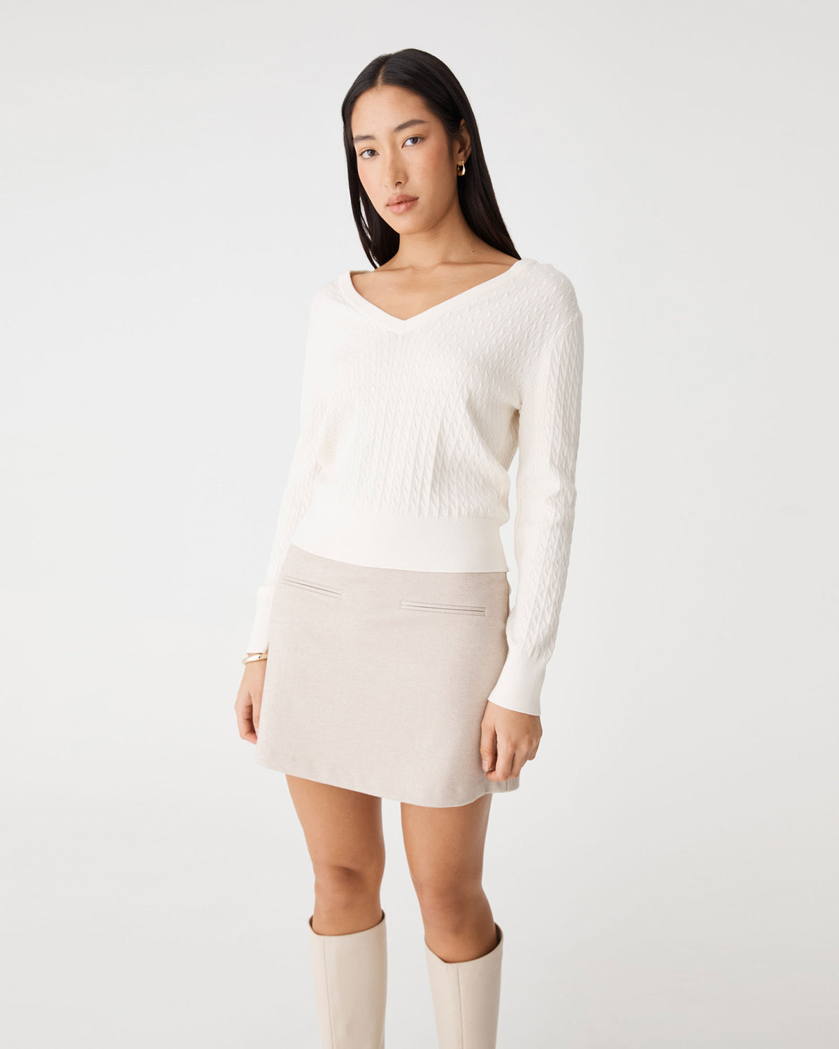 Carla V-Neck Cable Knit in ivory — close-up view