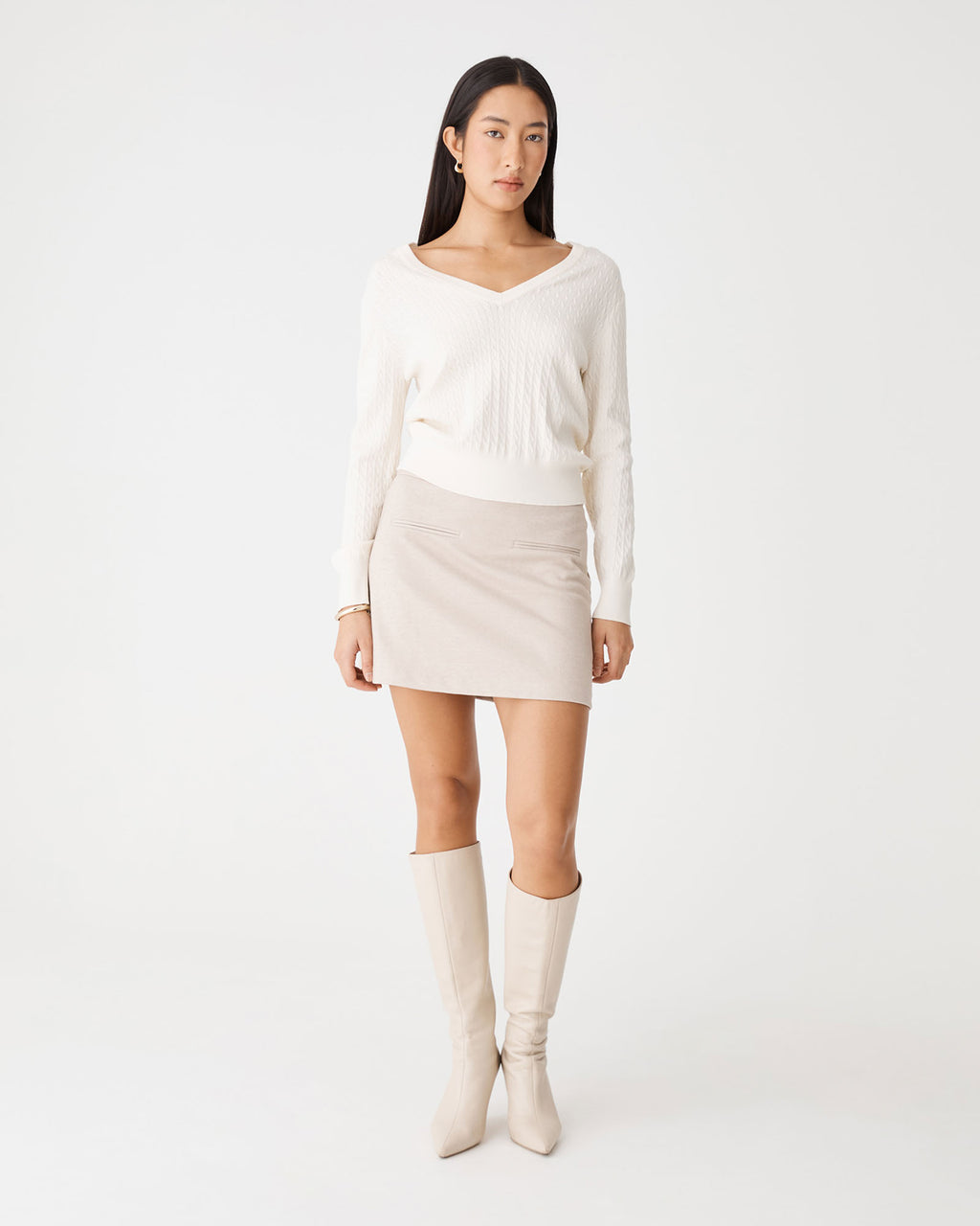 Carla V-Neck Cable Knit in ivory — full-length view