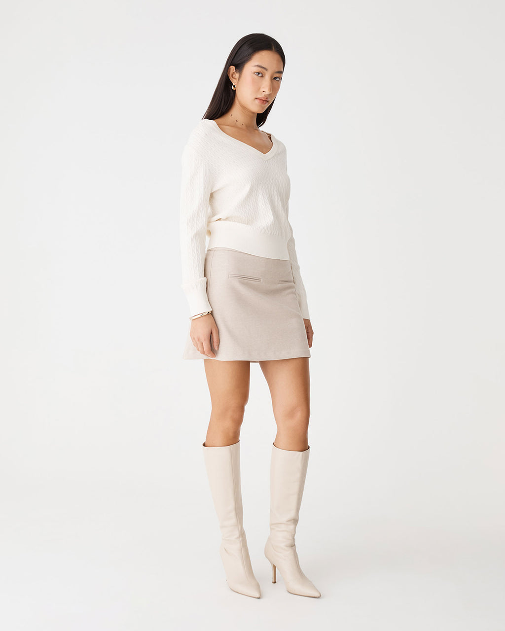 Carla V-Neck Cable Knit in ivory — side view