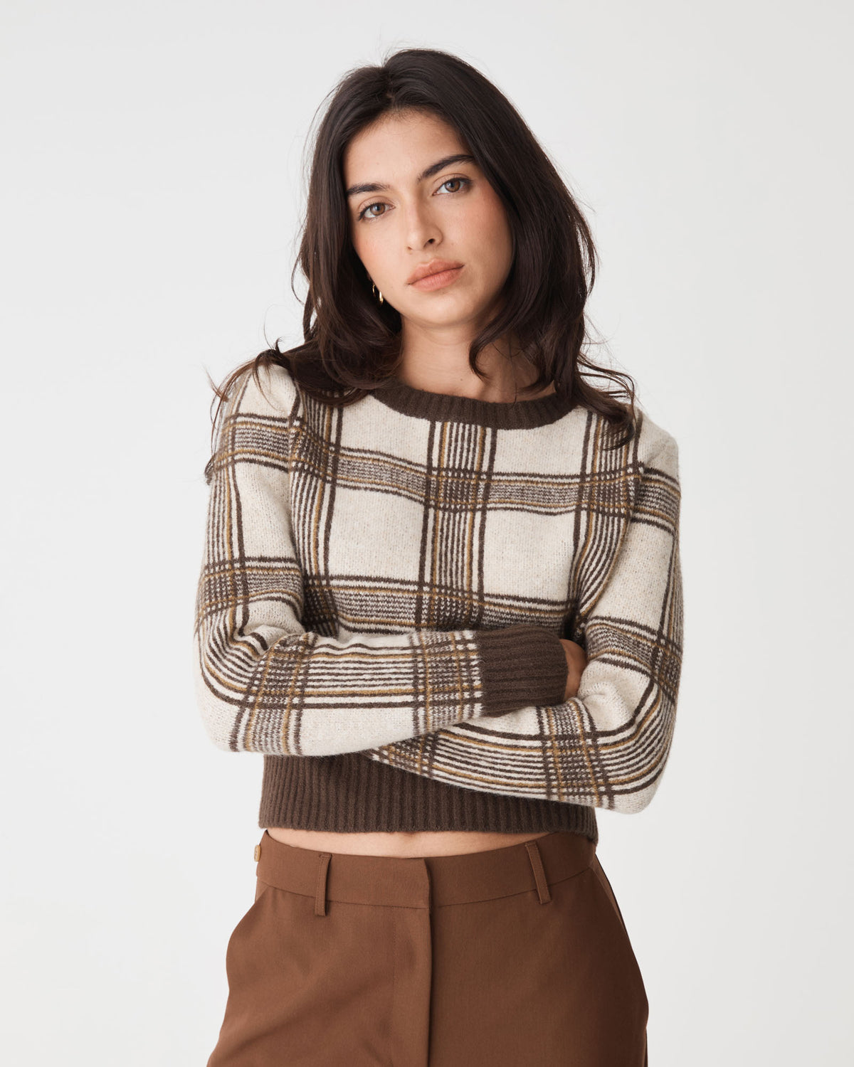 Francesca Check Jumper in brown check — close-up view