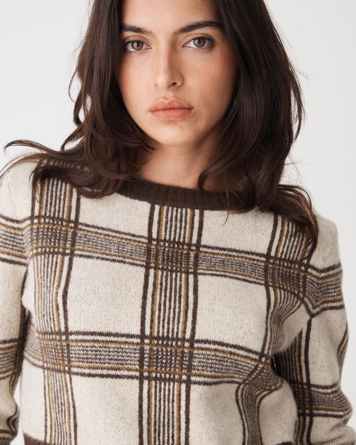 Francesca Check Jumper in brown check — fabric detail
