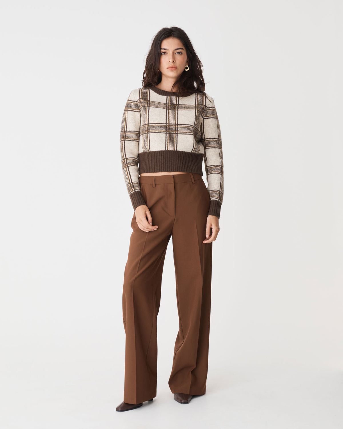 Francesca Check Jumper in brown check — full-length view