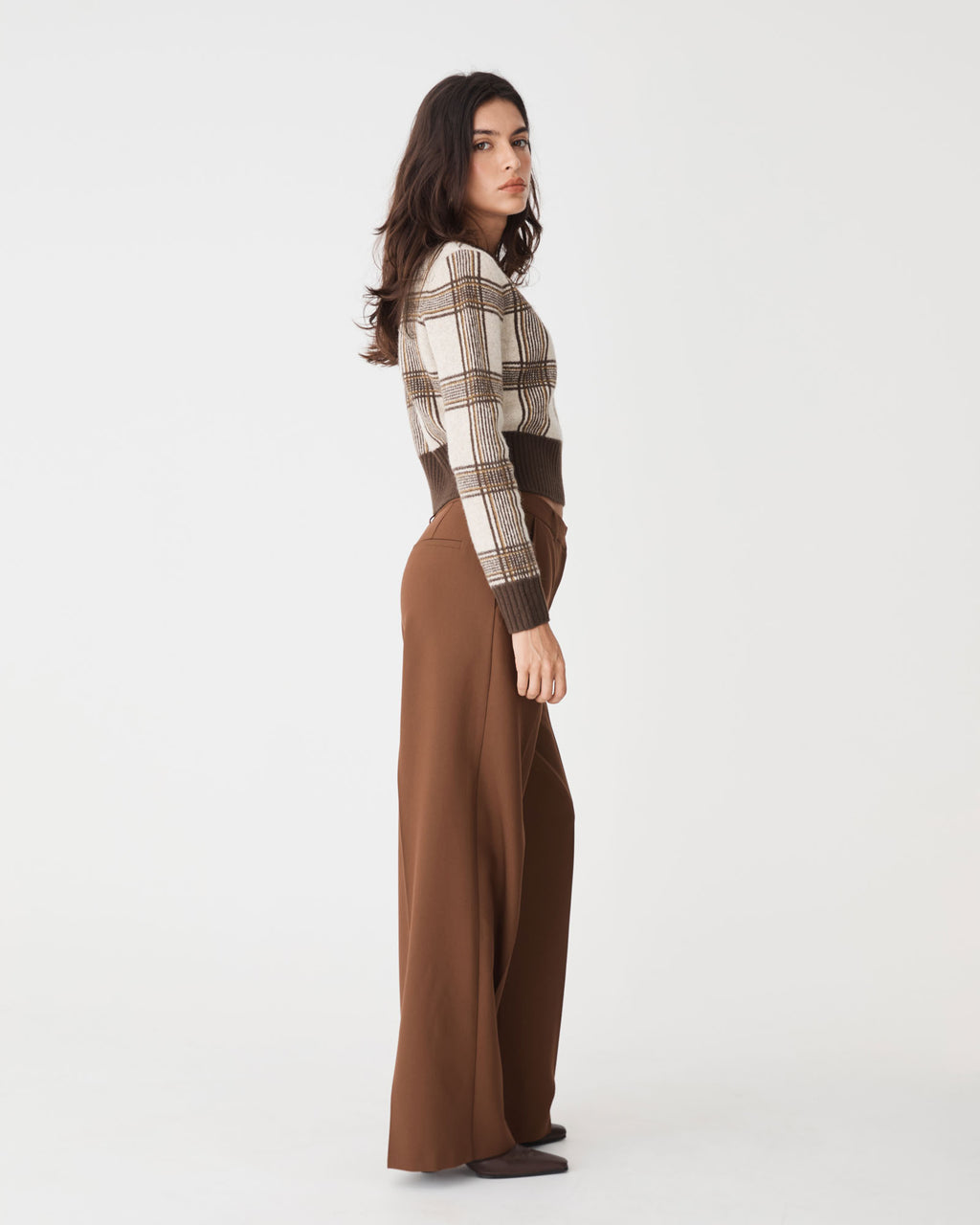 Francesca Check Jumper in brown check — side view