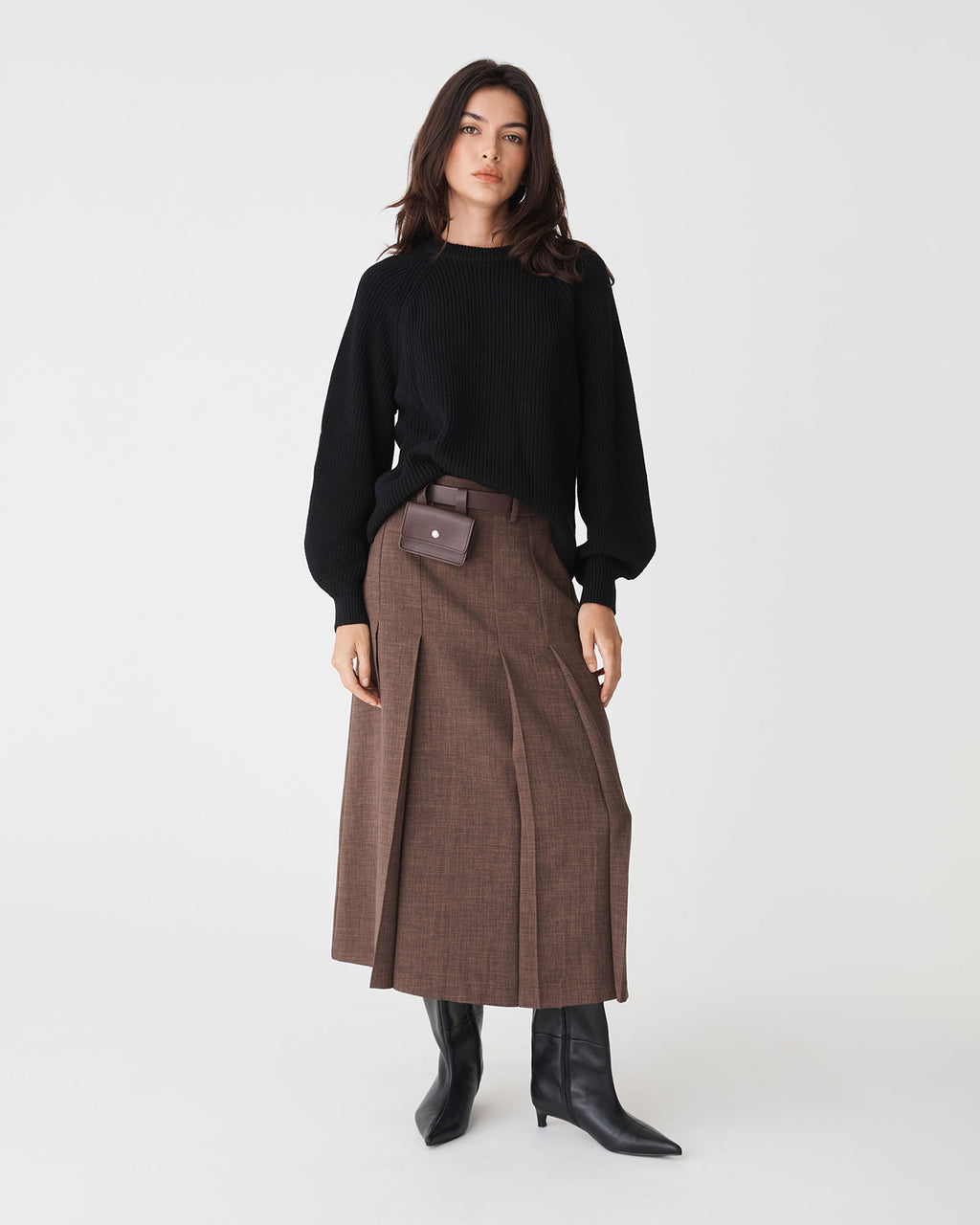 Meg Crew Neck Rib Knit Jumper in black — full-length view