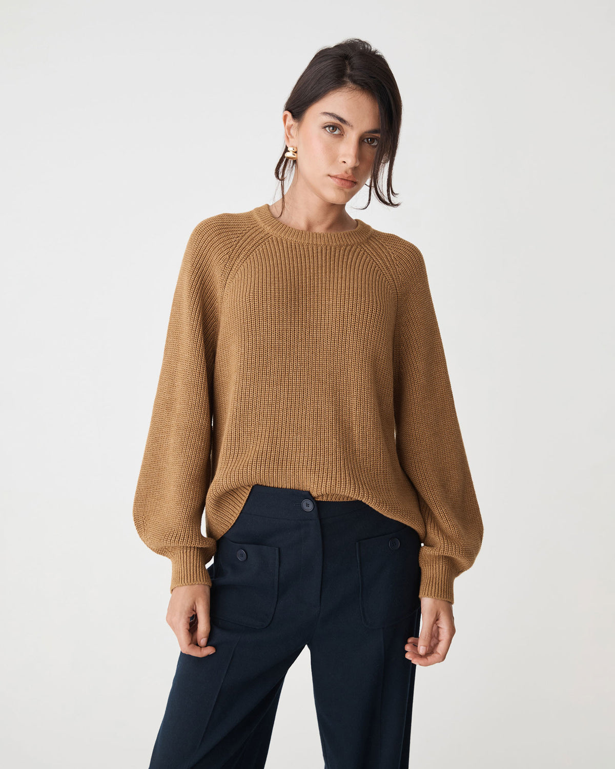 Meg Crew Neck Rib Knit Jumper in dijon — close-up view