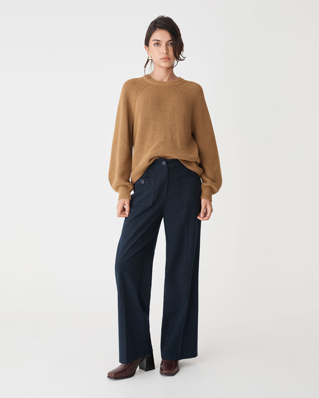 Meg Crew Neck Rib Knit Jumper in dijon — full-length view
