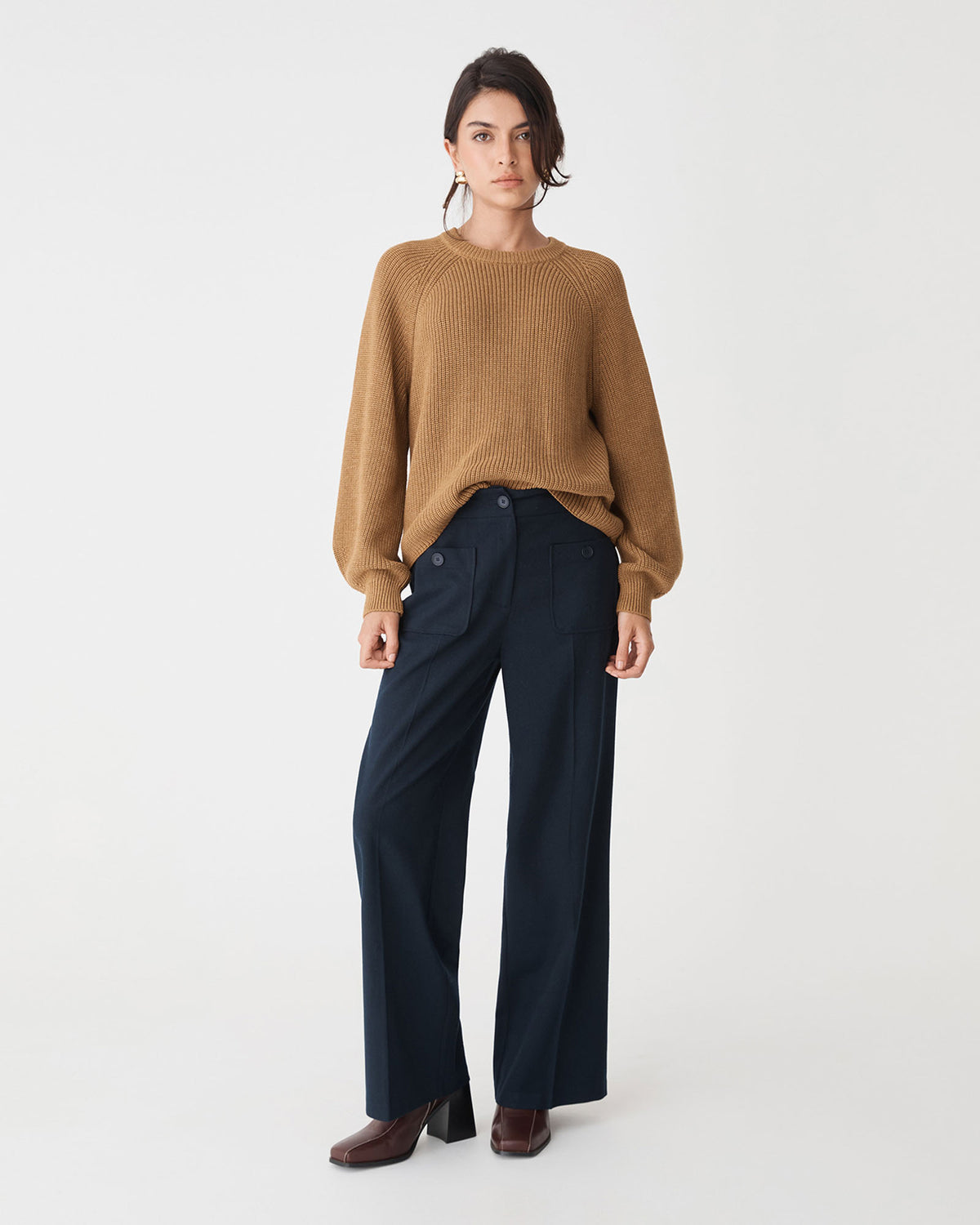 Meg Crew Neck Rib Knit Jumper in dijon — full-length view