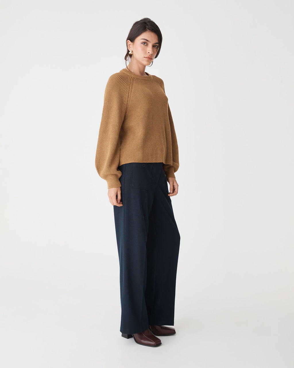 Meg Crew Neck Rib Knit Jumper in dijon — side view