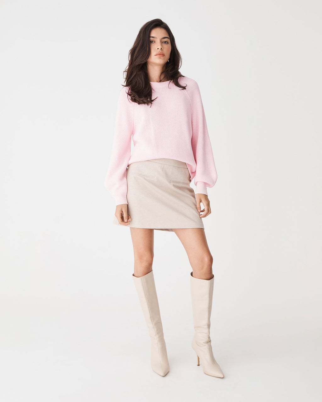Meg Crew Neck Rib Knit Jumper in soft pink — full-length view