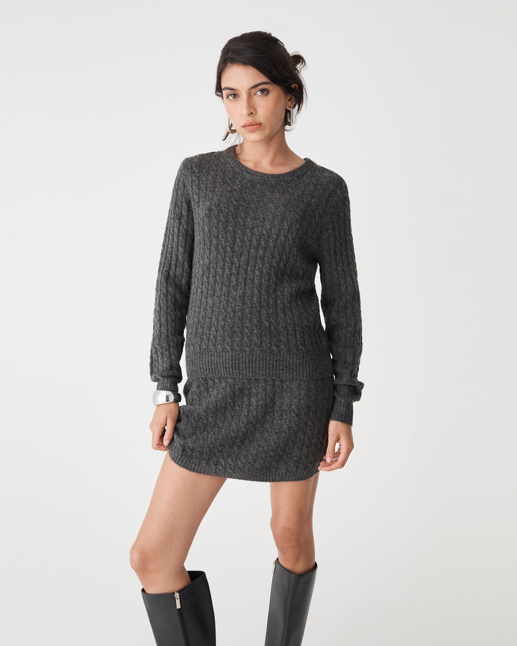 Andie Cable Knit Jumper in charcoal — close-up view