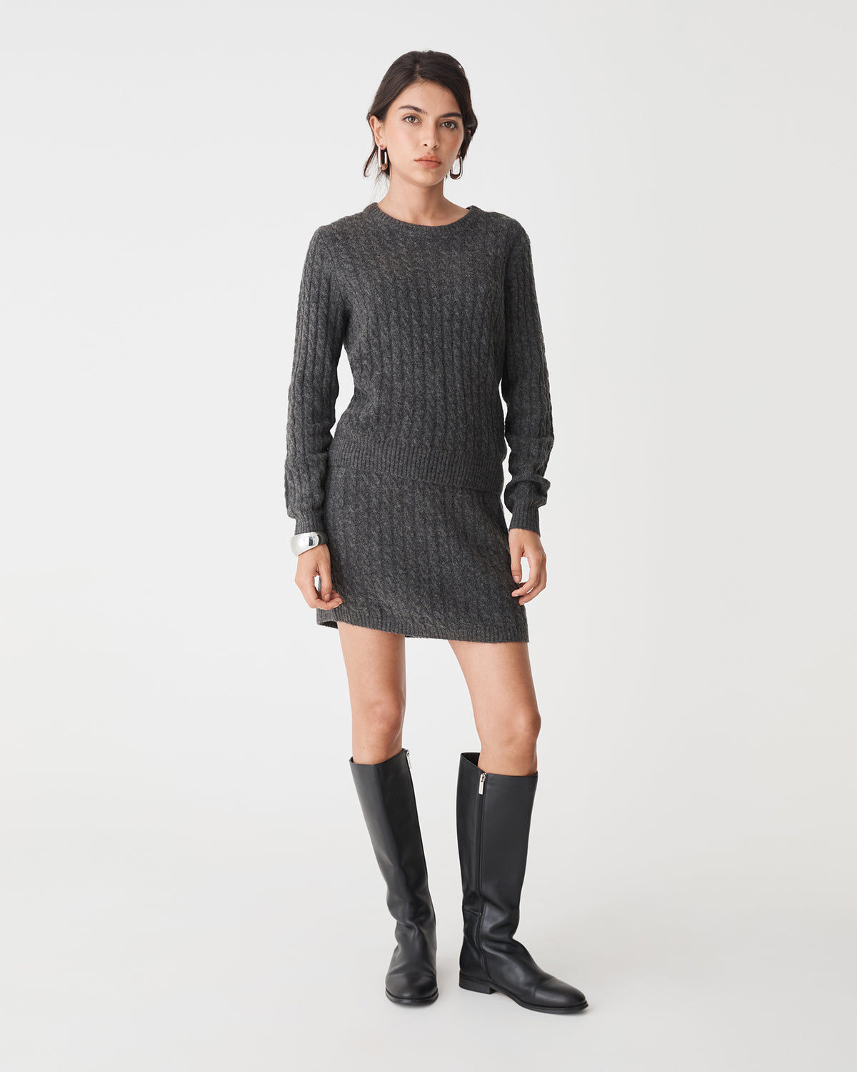 Andie Cable Knit Jumper in charcoal — full-length view