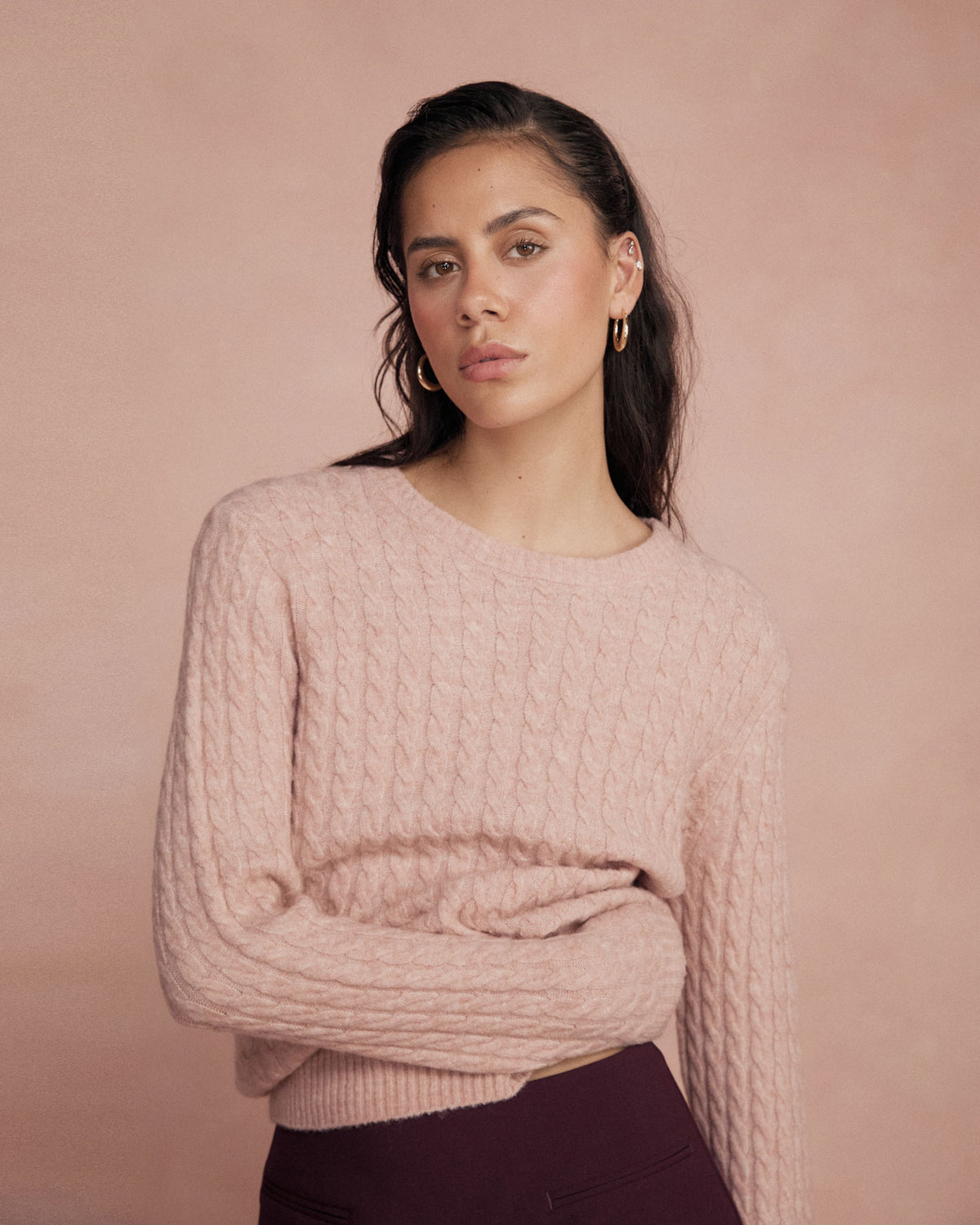 Andie Cable Knit Jumper in rose — close-up view 3