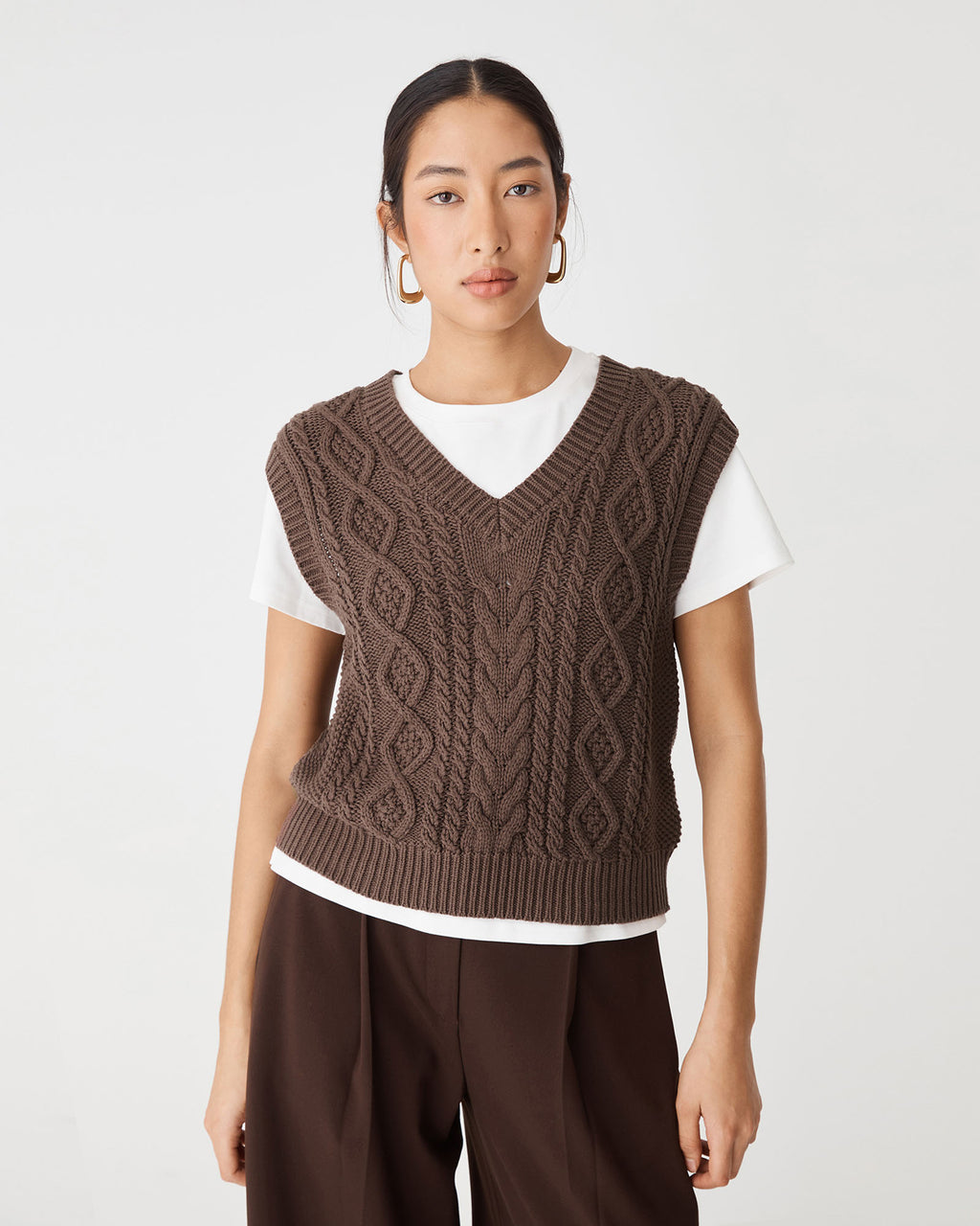 Poppy Sleeveless Cable Knit in brown — close-up view