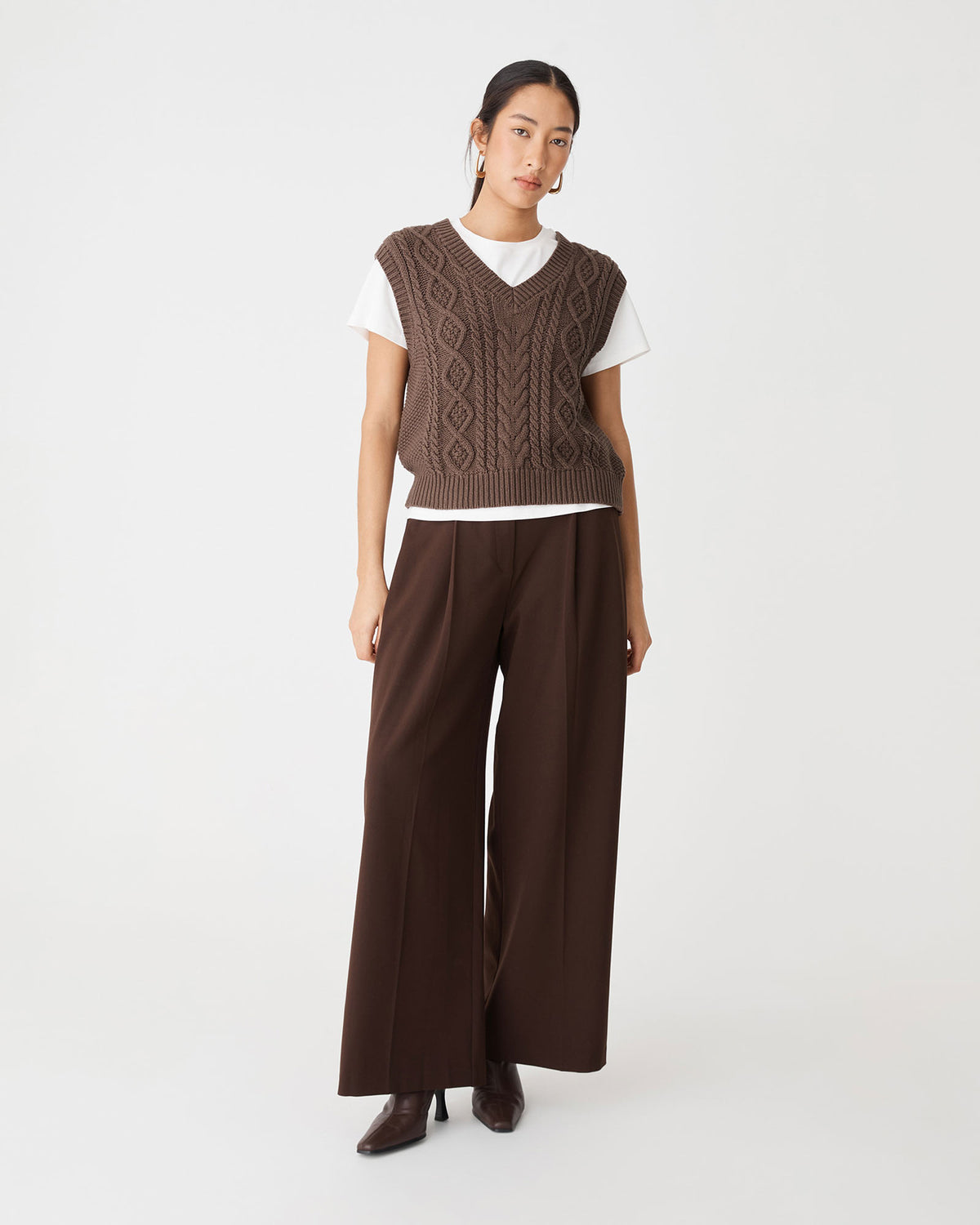 Poppy Sleeveless Cable Knit in brown — full-length view
