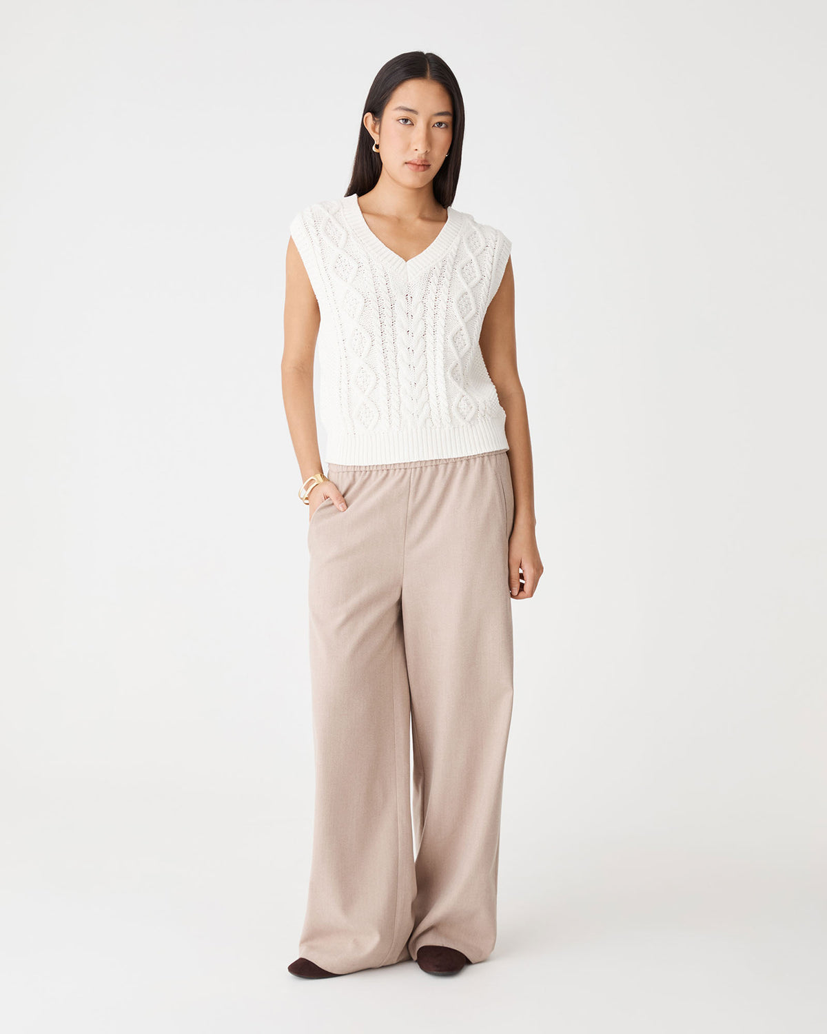 Poppy Sleeveless Cable Knit in ivory — full-length view